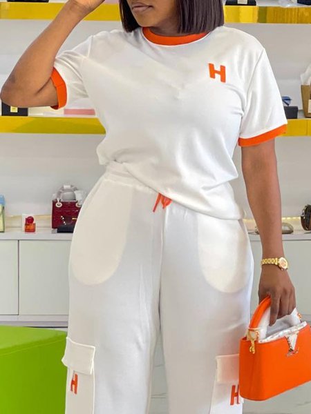 Casual Color Block Crew Neck T-shirt, Tees, color:White|size:XXL, Stylewe