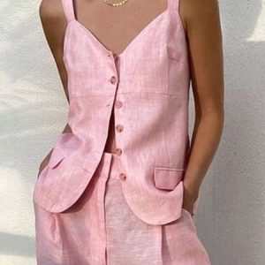 Cotton And Linen Casual Plain Buttoned V Neck Tank Top, Tanks and Camis, color:Pink|size:XXL, Stylewe