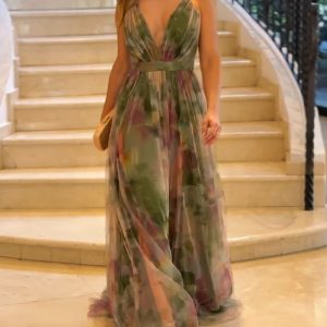 Floral Print Plunge V Neck Spaghetti Strap Maxi Dress Elegant Waist High Slit Mesh Dress, women Print Dresses, ChicMe catalog