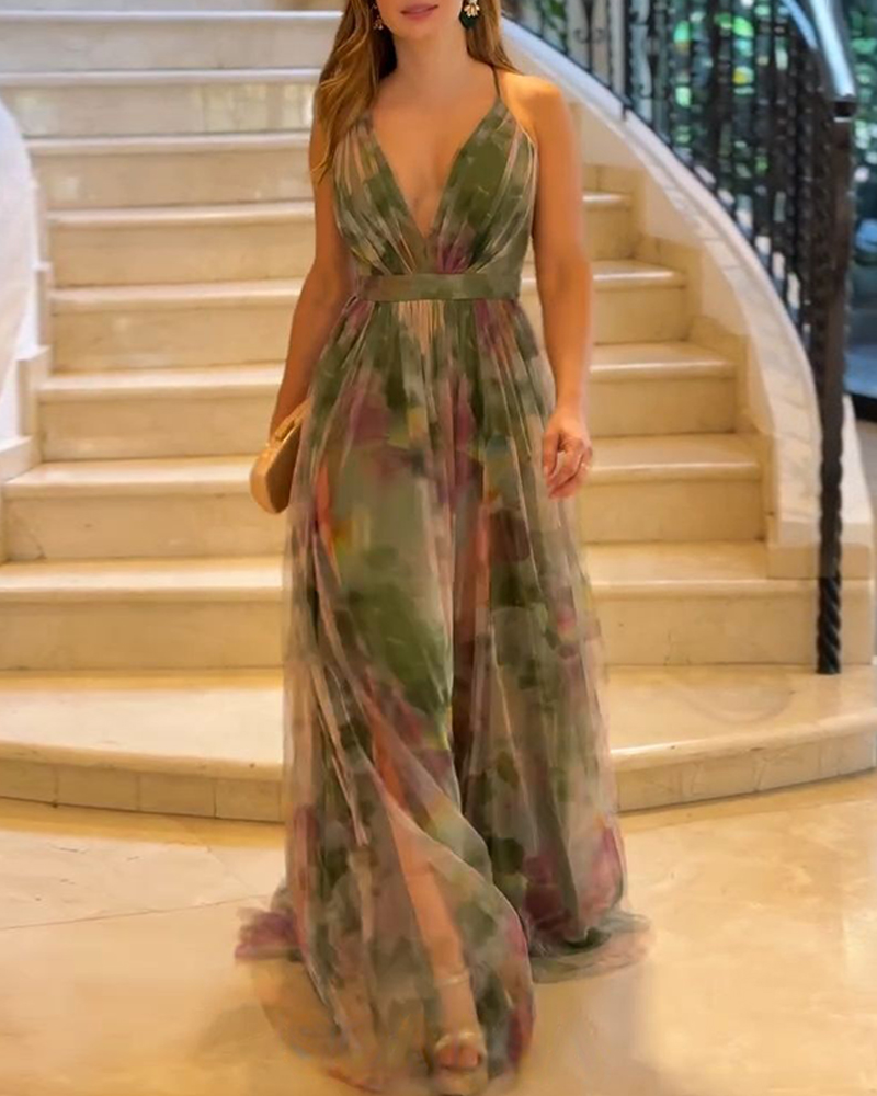 Floral Print Plunge V Neck Spaghetti Strap Maxi Dress Elegant Waist High Slit Mesh Dress, women Print Dresses, ChicMe catalog