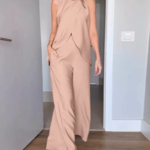 2 Pieces Outfit Round Neck Sleeveless Asymmetric Design Cut Top and Casual Elastic Waist Wide Leg Pants Set, women Two-piece Sets, ChicMe catalog