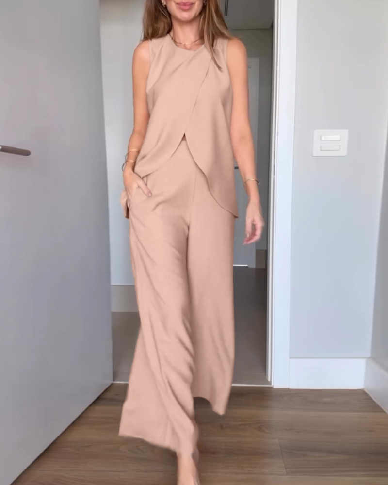 2 Pieces Outfit Round Neck Sleeveless Asymmetric Design Cut Top and Casual Elastic Waist Wide Leg Pants Set, women Two-piece Sets, ChicMe catalog