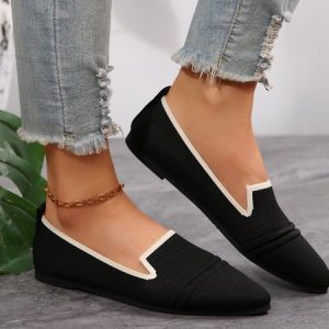 Casual Color Block Breathable Slip On Flat Heel Shallow Shoes Split Joint, Flats/Loafers, color:Black|size:43, catalog Noracora shop