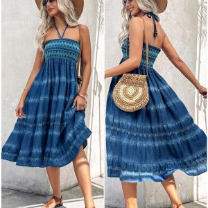 Two-Way Wear Tie Dye Tropical Print Halter Sleeveless Dress High Waist Shirred Vacation Skirt, women Midi Dresses, ChicMe catalog