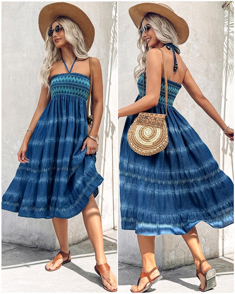 Two-Way Wear Tie Dye Tropical Print Halter Sleeveless Dress High Waist Shirred Vacation Skirt, women Midi Dresses, ChicMe catalog