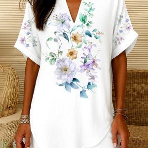 V Neck Short Sleeve Floral Regular Micro-Elasticity Regular Fit Shirt For Women, Shirts, color:White|size:4XL, catalog Noracora shop
