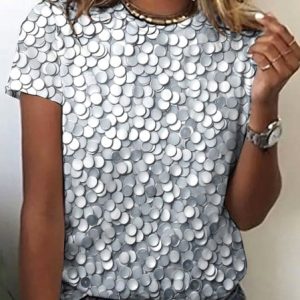 Casual Geometric Crew Neck Short Sleeve T-shirt, T-shirts, color:Light Gray|size:4XL, catalog Noracora shop