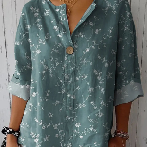Shawl Collar Three Quarter Sleeve Floral Regular Loose Blouse For Women, Blouses, color:As Picture|size:3XL, catalog Noracora shop