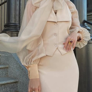 Elegant Balloon Sleeve Plain V Neck Two-Piece Set, Two-piece Set, color:As Picture|size:XXL, Stylewe