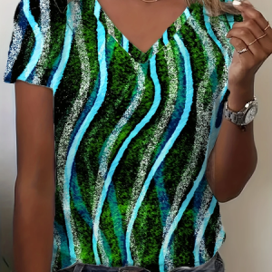 Women Abstract Short Sleeve Tee T-shirt V Neck Printing Casual Summer Graphic Tee Top, JustFashionNow T-Shirts, color:Green|size:XXL