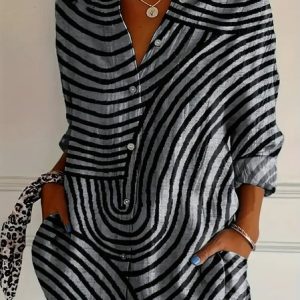 Shirt Collar Long Sleeve Striped Regular Micro-Elasticity Regular Fit Shirt For Women, Blouses, color:Gray|size:4XL, catalog Noracora shop