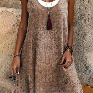Women Vacation Ethnic Crew Neck Sleeveless Comfy Casual Midi Dress, Dresses, color:Red|size:3XL, catalog Noracora shop