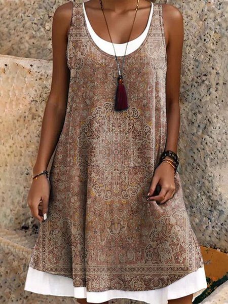 Women Ethnic Sleeveless Summer Dress Crew Neck Daily Casual Midi A-Line Dress, JustFashionNow Dresses, color:Red|size:3XL,