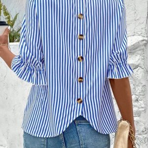 Striped Crew Neck Simple Loose Shirt, JustFashionNow Blouses, color:Blue|size:XXL,