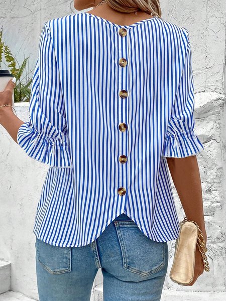 Striped Crew Neck Simple Loose Shirt, JustFashionNow Blouses, color:Blue|size:XXL,