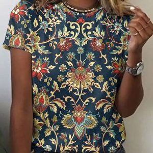 Casual Floral Crew Neck Short Sleeve T-shirt, T-shirts, color:Purplish Blue|size:4XL, catalog Noracora shop