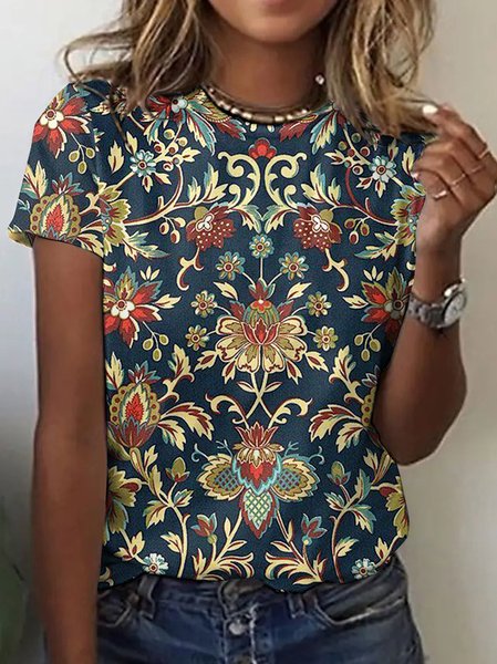 Women Floral Short Sleeve Tee T-shirt Crew Neck Casual Summer Top, JustFashionNow T-Shirts, color:Purplish Blue|size:4XL,