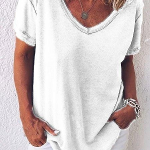 Casual Plain V Neck Short Sleeve T-shirt, T-shirts, color:White|size:XXL, catalog Noracora shop