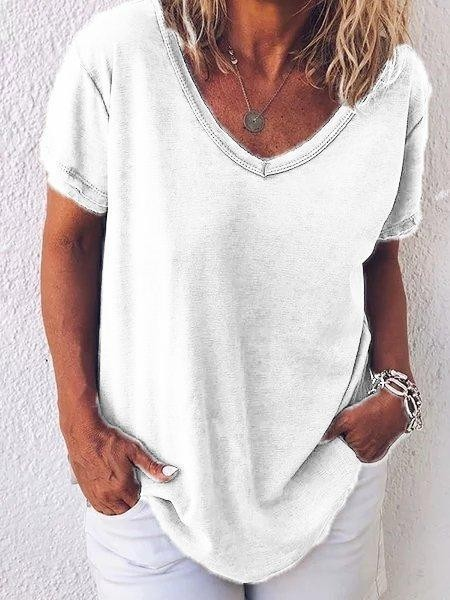 Women Plain Short Sleeve Tee T-shirt V Neck Printing Casual Summer Top, JustFashionNow T-Shirts, color:White|size:XXL,