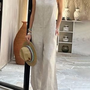 Vacation Plain Boat Neck Tank Jumpsuit, Jumpsuits, color:As Picture|size:XXL, Stylewe