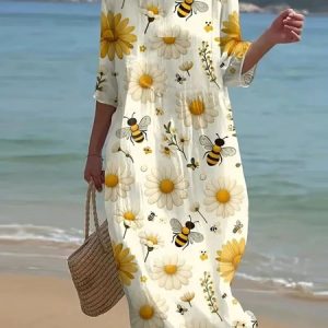 Women Floral Crew Neck Short Sleeve Comfy Casual Maxi Dress, Dresses, color:White|size:4XL, catalog Noracora shop