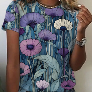 Women's Art Floral Print Cotton T-Shirt花, T-shirts, Lilicloth.com