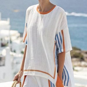 Casual Striped Printing Crew Neck Raglan Sleeves Blouse, Blouses and Shirts, color:As Picture|size:XXL, Stylewe