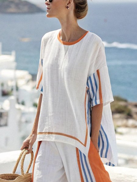 Casual Striped Printing Crew Neck Raglan Sleeves Blouse, Blouses and Shirts, color:As Picture|size:XXL, Stylewe