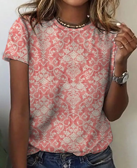 Women's Vintage Bohemian Floral Print Cotton T-Shirt, T-shirts, Lilicloth.com - Image 2
