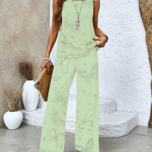 Women Butterfly Printing Two-Piece Set Daily Sleeveless Casual Summer Top With Pants Matching Set, JustFashionNow Suit Set, color:Green|size:XXL,