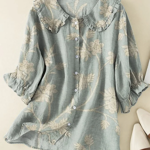 Shawl Collar Short Sleeve Floral Printing Regular Loose Shirt For Women, Shirts, color:Green|size:5XL, catalog Noracora shop