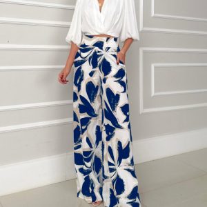 2 Pieces Outfit Wrap Plunge V Neck Crop Blouse and Casual Floral Print Wide Leg Pants Set, women Two-piece Sets, ChicMe catalog