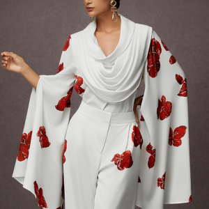 Split Sleeve Floral Loose Elegant Blouse, Blouses and Shirts, color:White|size:XXL, Stylewe