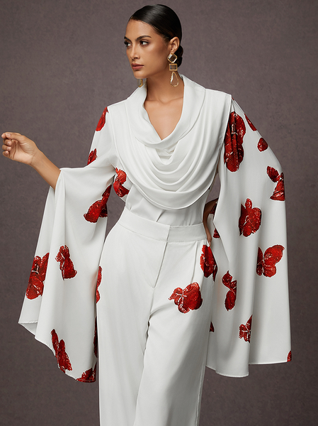 Split Sleeve Floral Loose Elegant Blouse, Blouses and Shirts, color:White|size:XXL, Stylewe
