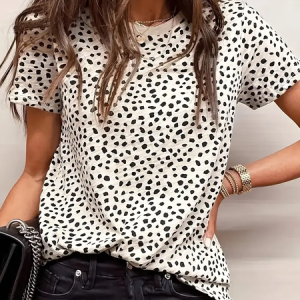 Women Polka Dots Short Sleeve Tee T-shirt Crew Neck Printing Casual Summer Graphic Tee Top, JustFashionNow T-Shirts, color:Off White|size:XXL,