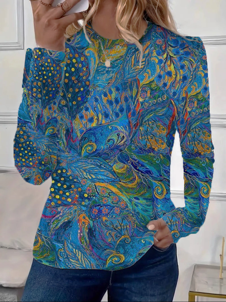 Women Abstract Long Sleeve Tee T-shirt Crew Neck Printing Casual Spring/Fall Graphic Tee Top, JustFashionNow T-Shirts, color:Blue|size:XXL - Image 2