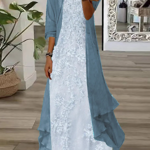 Women Floral Crew Neck Three Quarter Sleeve Comfy Casual Printing Dress With Coat Two-Piece Set, Dresses, color:Blue|size:XXL, catalog Noracora shop