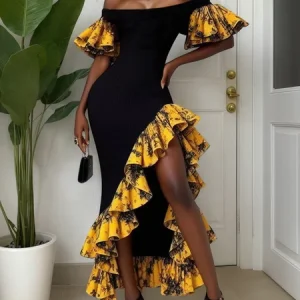 Elegant Color Block Peplum Cold Shoulder Maxi Party Dress, Maxi Dresses, color:Black-Yellow|size:XXL, Stylewe