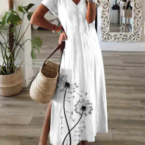 Women Floral Short Sleeve Summer Printing Dress V Neck Daily Casual Maxi T-Shirt Dress X-Line Dress, JustFashionNow Casual Dresses, color:White|size:3XL,