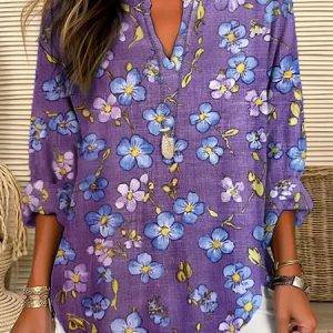 V Neck Long Sleeve Floral Regular Micro-Elasticity Regular Fit Shirt For Women, Shirts, color:Purple|size:4XL, catalog Noracora shop