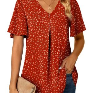 V Neck Short Sleeve Floral Regular Micro-Elasticity Regular Fit Shirt For Women, Shirts, color:Red|size:4XL, catalog Noracora shop