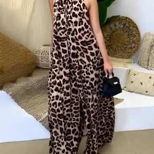 Casual Leopard Halter Tank Jumpsuit, Jumpsuits, color:Brown|size:XXL, Stylewe