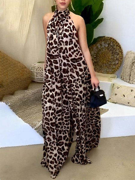 Casual Leopard Halter Tank Jumpsuit, Jumpsuits, color:Brown|size:XXL, Stylewe