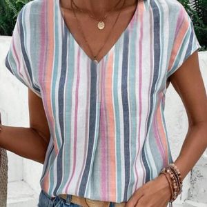 Women Striped Short Sleeve Tee T-shirt V Neck Printing Casual Summer Top, JustFashionNow T-Shirts, color:As Picture|size:XXL,