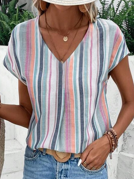 Women Striped Short Sleeve Tee T-shirt V Neck Printing Casual Summer Top, JustFashionNow T-Shirts, color:As Picture|size:XXL,