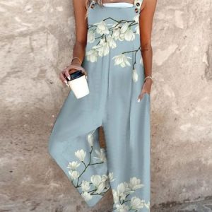 Women Gallus Square Neck Regular Fit Long Daily Casual Floral Natural Tank Jumpsuit, Jumpsuits&Rompers, color:Light Blue|size:4XL, catalog Noracora shop