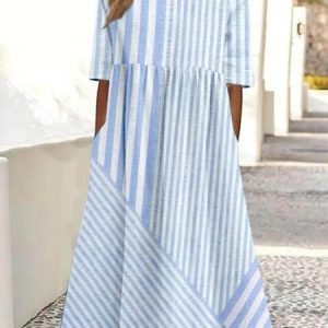 Women Striped Crew Neck Half Sleeve Comfy Casual Maxi Dress, Dresses, color:Blue|size:3XL, catalog Noracora shop