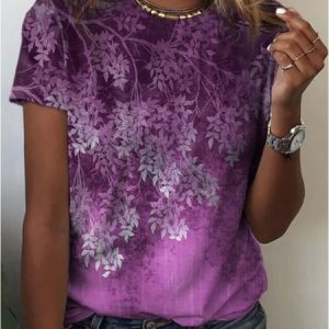 Casual Leaves Print Crew Neck Short Sleeve Comfy T-shirt, T-shirts, color:Purple|size:4XL, catalog Noracora shop