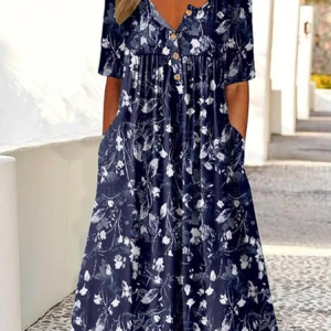 Women Floral Half Sleeve Summer Printing Dress Half Open Collar Daily Casual Maxi A-Line Dress, JustFashionNow Casual Dresses, color:Navyblue|size:5XL,