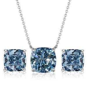 jewelry sets - Italo Solitaire Cushion Cut Blue Topaz Earrings & Necklace Jewelry Set, Italo jewelry - Online Catalog